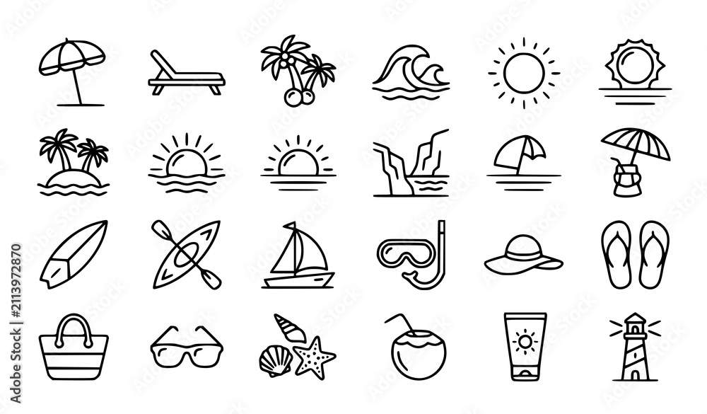 Fototapeta premium Summer Beach Vacation and Tropical Travel Line Icon Set Featuring Surfboards Palm Trees Sunglasses Sunscreen and Ocean Activities for Tourism Graphics (21 words)