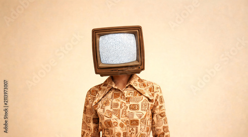 Retro vibes blend seamlessly with surreal art as a figure dons a vintage television head in a warm, minimalist setting