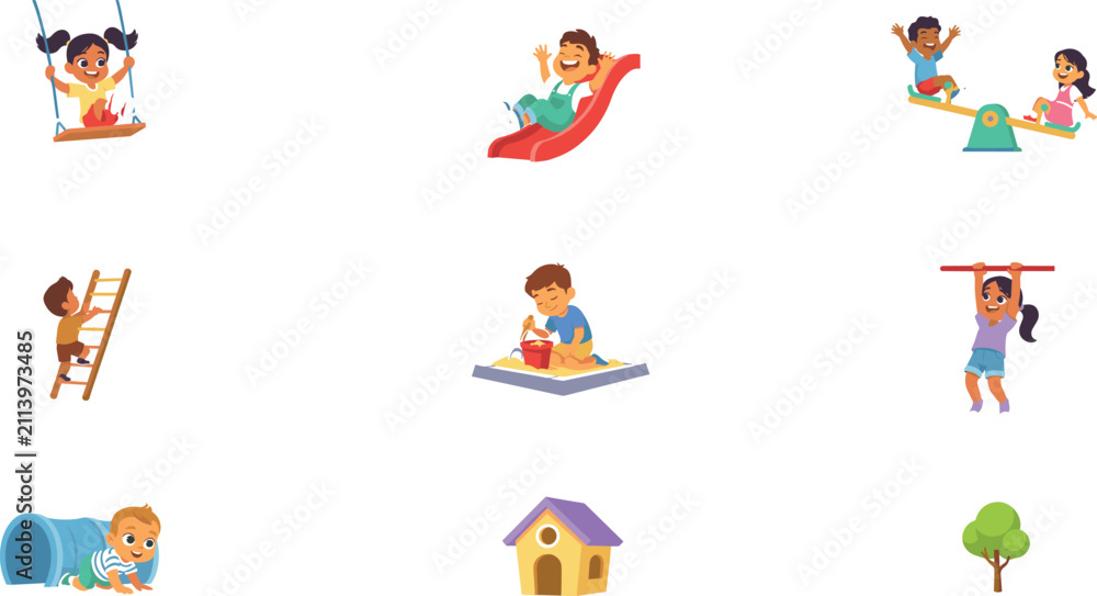 Fototapeta premium Happy Kids Playing on Playground Equipment Vector Character Set Featuring Swing Slide Sandbox Seesaw Ladder and Crawling Tunnel Illustrations