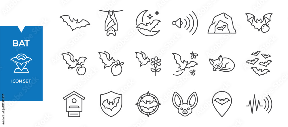 Fototapeta premium Bat Icons Set – Flat Flying Mammal, Wildlife Nature Vector Collection