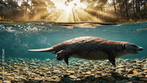 Underwater Beaver Swimming in Sunlit Forest River.