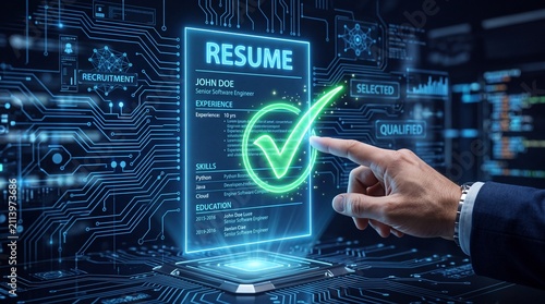 Hand Pointing at Resume Hologram with Approved Checkmark Icon