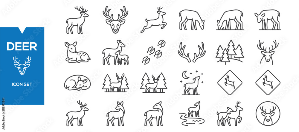 Fototapeta premium Deer Icons Set – Flat Wildlife, Forest Animal Nature Vector Collection