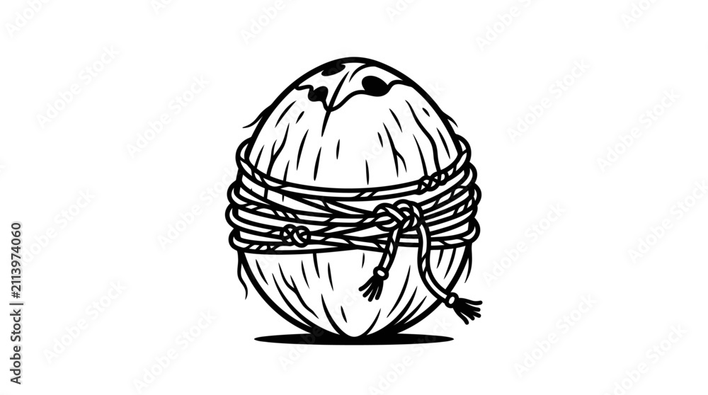 Fototapeta premium Black and white line art illustration of a coconut wrapped in rope.