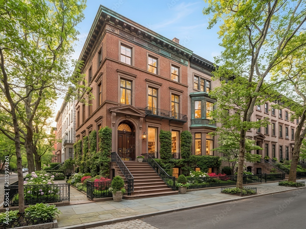 Obraz premium Three story brick townhouse on corner with trees and front steps