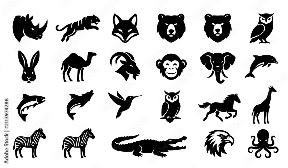 Fototapeta premium Minimal Animal Mascot Silhouette Vector Pack Featuring Rhino Tiger Fox Bear Elephant Bird Fish and More