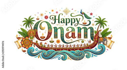 Happy onam festival typography with traditional boat race illustration on transparent background