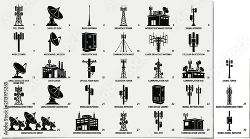 Mobile network infrastructure icons collection vector illustration including communication masts radar equipment transmitter stations electric power poles and digital signal receivers