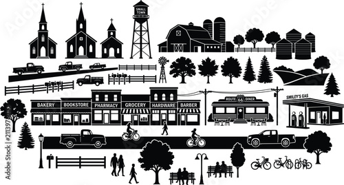  Rural community and old western village silhouettes with houses trucks windmill fences trees pedestrians and bicycles flat graphic design concept elements vector illustration