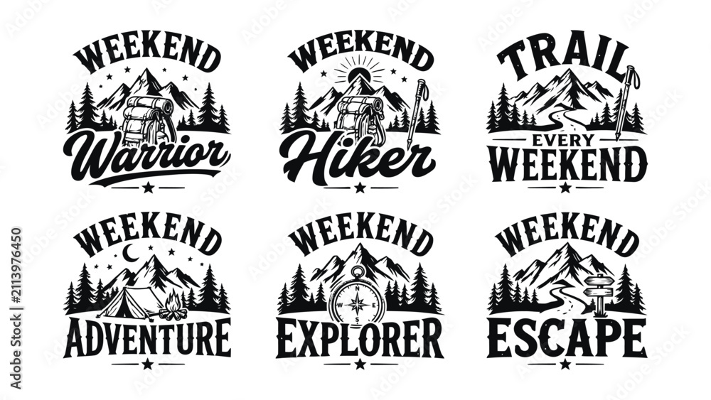 Fototapeta premium Collection of six vintage outdoor adventure themed graphics for tshirts and apparel