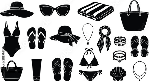 Foto Summer beach vacation and female fashion silhouette vector icon set featuring sw