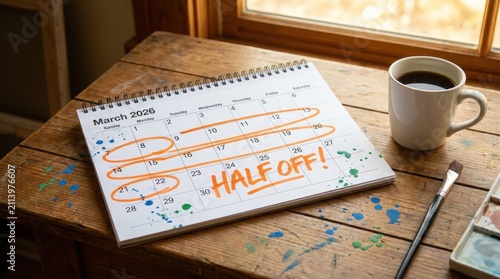 March 2020 calendar with Half Off sale marked on wooden desk with coffee cup and paintbrush