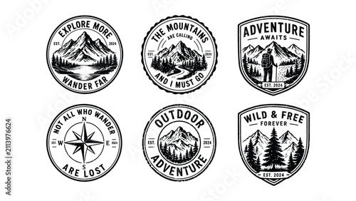 Collection of vintage adventure badges featuring mountains pine trees and hiking elements