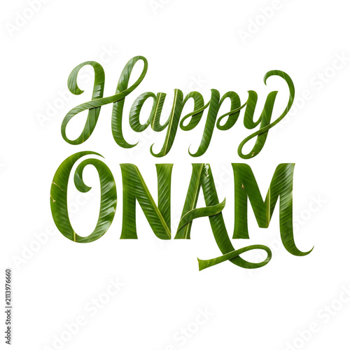 Happy onam typography made of tropical green banana leaves on transparent background