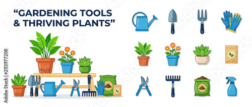 Принти на полотні Gardening Tools and Potted Plants Flat Icons