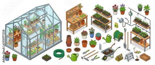 Isometric Greenhouse Gardening Supplies and Plants Collection
