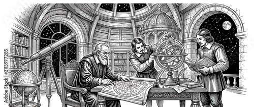 Old observatory scene with astronomers studying stars