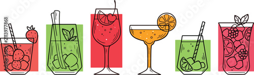 Vector illustration set of six minimalist line art summer cocktails and mocktails with colorful geometric backgrounds, featuring fresh fruit garnishes, straws, and ice, isolated on a white background.