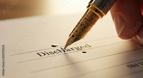 Hand signing discharge paperwork with pen.