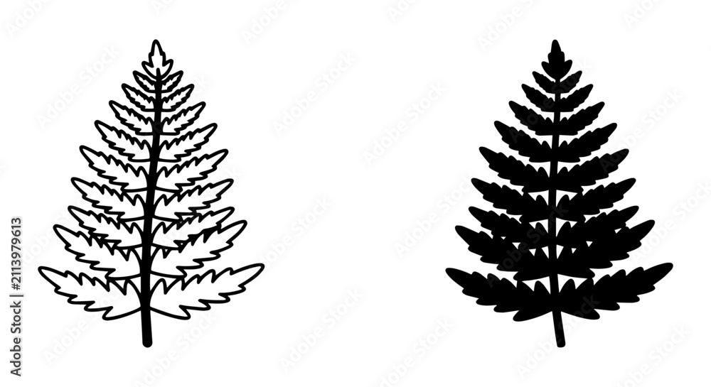 Obraz premium Fern Leaf Vector Icons, Botanical Silhouette, Nature Plant Graphics, Outline and Filled Styles