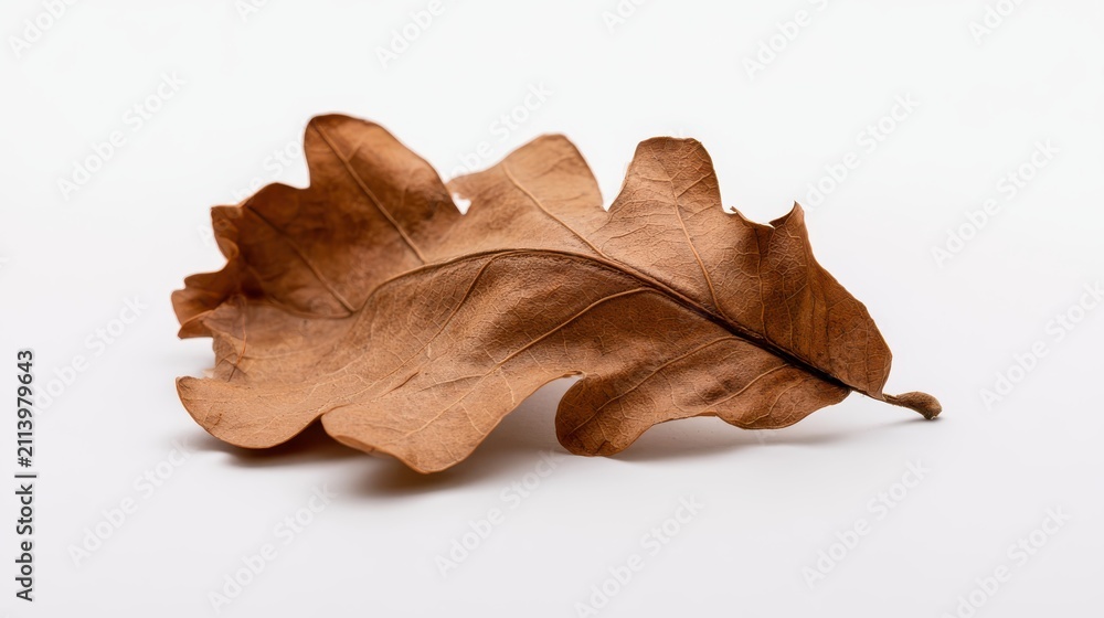 Fototapeta premium Single dry brown oak leaf resting on a pristine white background.