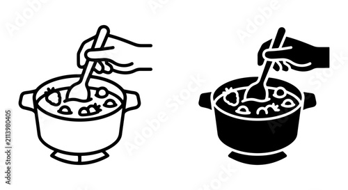 Foto Cooking Pot Icon Set, Stirring Food in Saucepan, Culinary Preparation Vector Gra