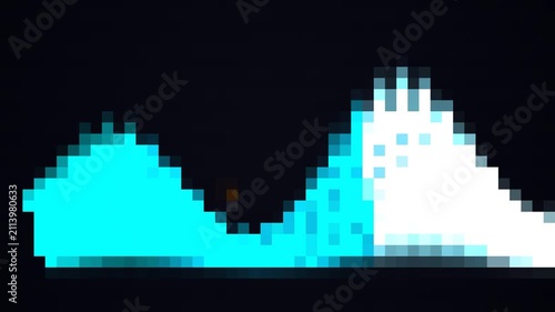 Vibrant pixelated sound waves in contrasting electric blue and stark white, creating an abstract digital art display of fluctuating energy and modern data flow against a deep dark background