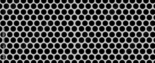 Abstract background with black dot grid pattern on a gray metallic backdrop. Modern perforated metal mesh texture banner template.