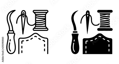 фотографія Leather Craft Tools, Needle, Thread Spool, Awl, Stitching, Sewing Icons Set