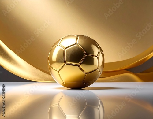 Futuristic metallic gold soccer ball with chrome finish and reflection on a polished studio surface