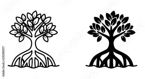 Mangrove Tree Icons, Black and White Vector Illustrations of Coastal Ecosystems, Nature and Ecology Symbols