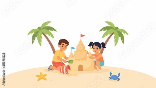 Cute little boy and girl building a sandcastle on a tropical beach with palm trees vector illustration