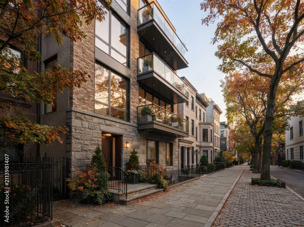 Fototapeta premium Side view of modern townhouses along cobblestone street