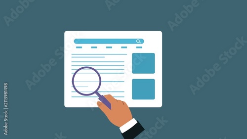 Hand Holding Magnifying Glass Searching Web Page 2d Animation with Alpha Matte