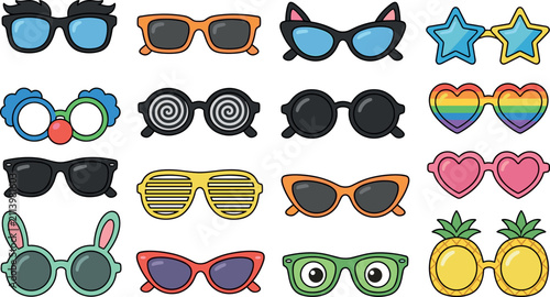 Konstfotografi Funny novelty sunglasses and party glasses icon set featuring pineapple heart st
