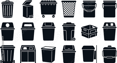 Quadro su tela Garbage bin and trash can vector icon set featuring waste baskets, recycling con
