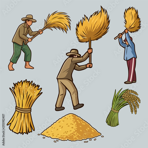 Cuadro en lienzo Threshing rice vector illustration set with traditional farmers.