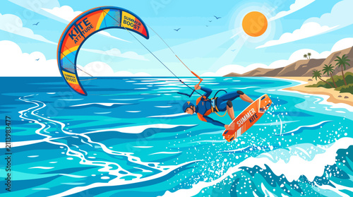 Colorful illustration of a kitesurfer riding waves on a sunny tropical beach.