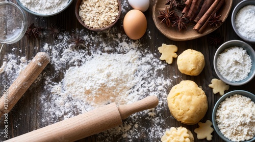 Overhead flatlay of baking ingredients for winter cookies on a rustic table.
