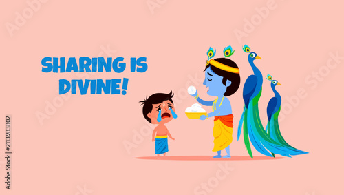 Krishna sharing butter with crying boy, sharing is divine illustration