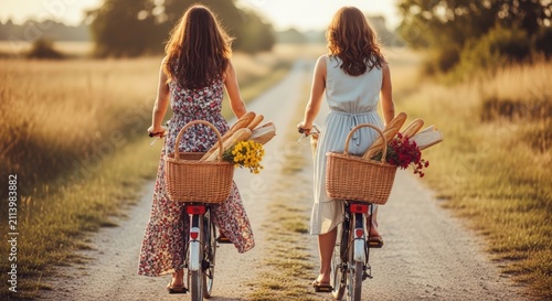 Two women enjoying a scenic bike ride through a sun-drenched countryside path.