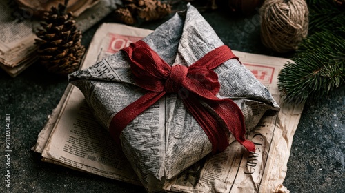 Zero waste Christmas gift wrapped in newspaper with a red ribbon.