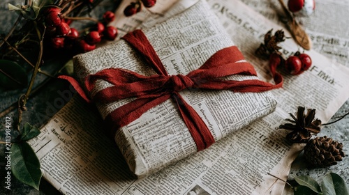 Zero waste Christmas gift wrapped in newspaper with a red ribbon.