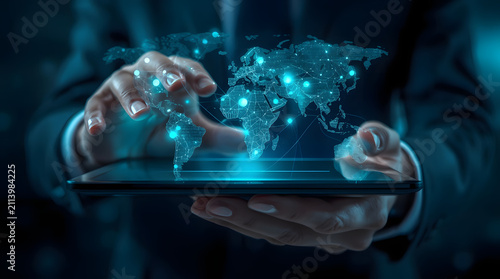 Futuristic Digital Concept of Global Connectivity and Data Communication with Holographic World Map Over Tablet