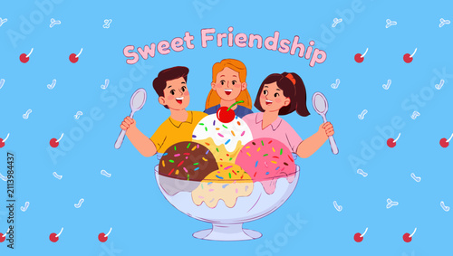 Illustration children enjoying a sweet ice cream bowl friendship