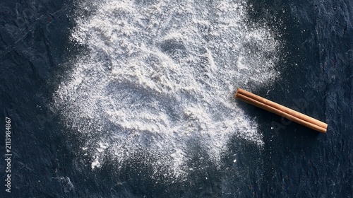 Minimalist baking setup with white flour dusted on a dark slate surface.