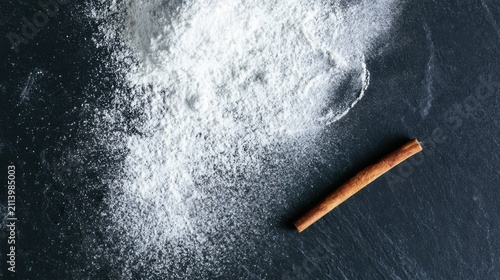 Minimalist baking setup with white flour dusted on a dark slate surface.