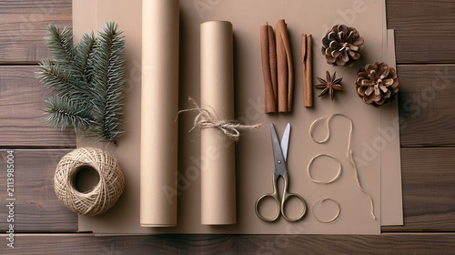 Top view of eco-friendly holiday wrapping materials on a wooden desk.