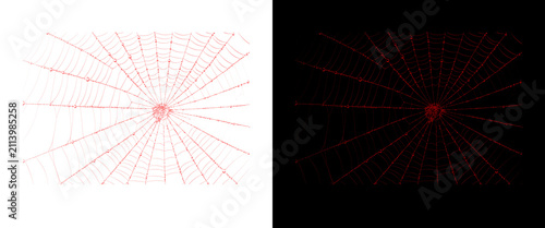 Red spider web pattern on white and black backgrounds, geometric cobweb design, abstract radial line art for Halloween and spooky concepts