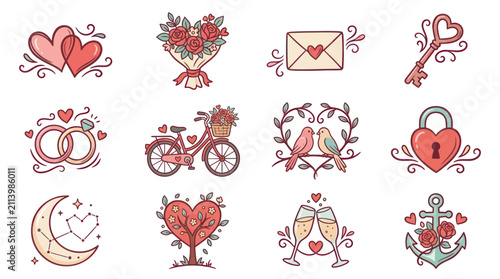 Konstfotografi Collection of hand-drawn Valentines Day themed illustrations with hearts, love birds, and romantic symbols